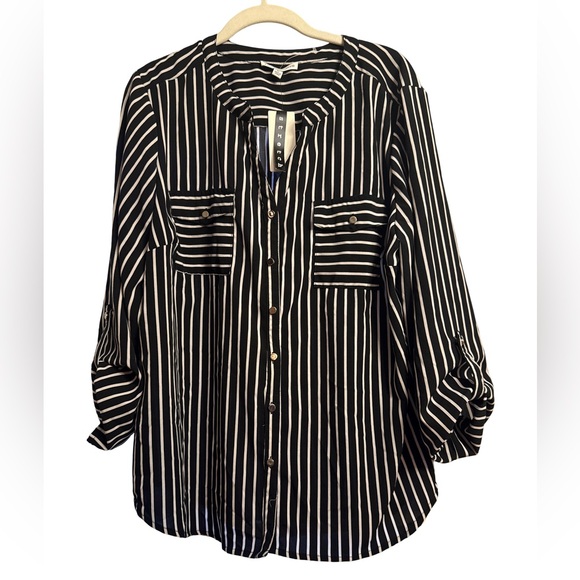 Notations Tops - Notations Black and White Striped Button Down Shirt